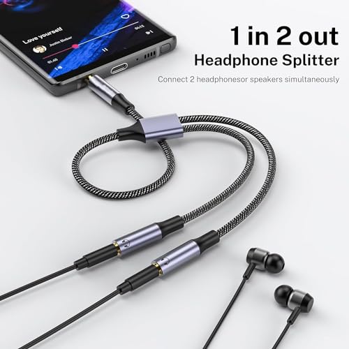 Mizi Headphone Splitter 3.5mm Stereo to Dual 3.5mm Female Jack Audio, Extension Cable Y Splitter Compatible with iPhone Samsung iPad Tablet Laptop - Grey - Image 3