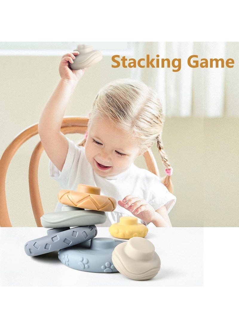 KASTWAVE - Stacking Nesting Circle Toy 7 PCS Soft Squeeze Building Blocks Sensory Toys Early Learning Color Pattern Montessori Toys Early Learning Natural Brain Development Educational Blocks Toy - Image 1