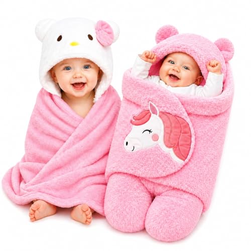 BRANDONN Baby Blanket Newborn Gift Pack Swaddle Wrapper with Bear Hood, Ultra-Soft Premium Flannel Fabric, 0-9 Months, Length 68 cm x Width 68 cm - Image 1