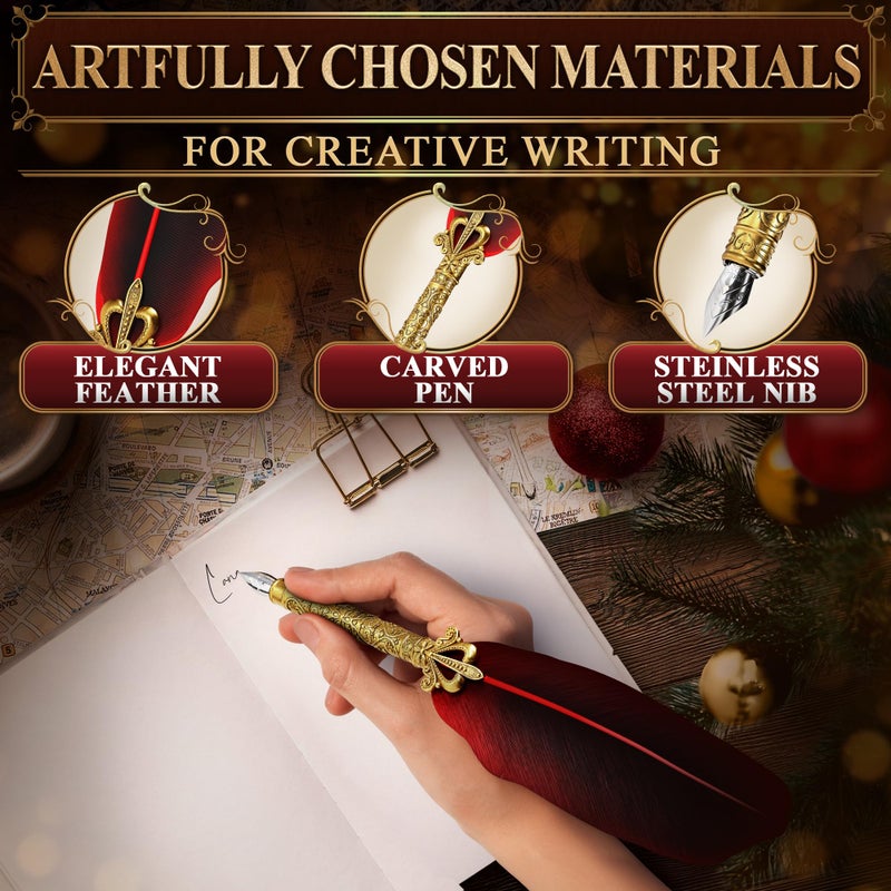 LAGARTO Red Feather Quill Pen and Ink Set - 11.4" Antique Feather Pen and Ink Set with Stainless Steel Nib for Calligraphy Practice, Drawing & Signatures - Designed for Beginners and Calligraphy Enthusiasts - Image 3