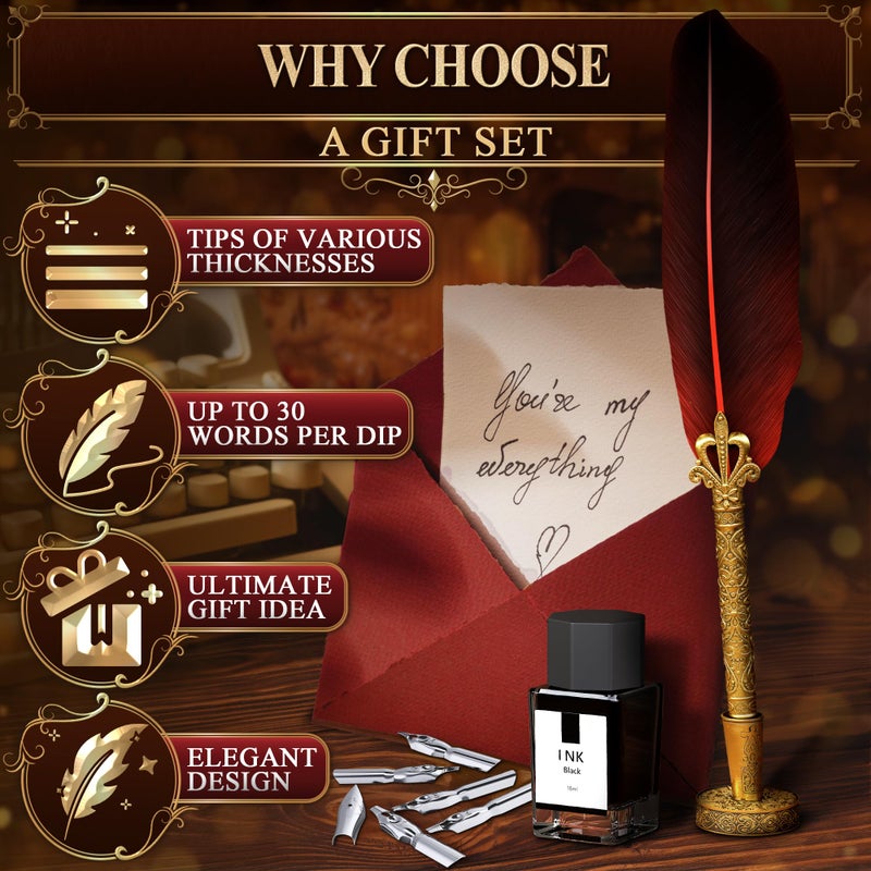 LAGARTO Red Feather Quill Pen and Ink Set - 11.4" Antique Feather Pen and Ink Set with Stainless Steel Nib for Calligraphy Practice, Drawing & Signatures - Designed for Beginners and Calligraphy Enthusiasts - Image 4