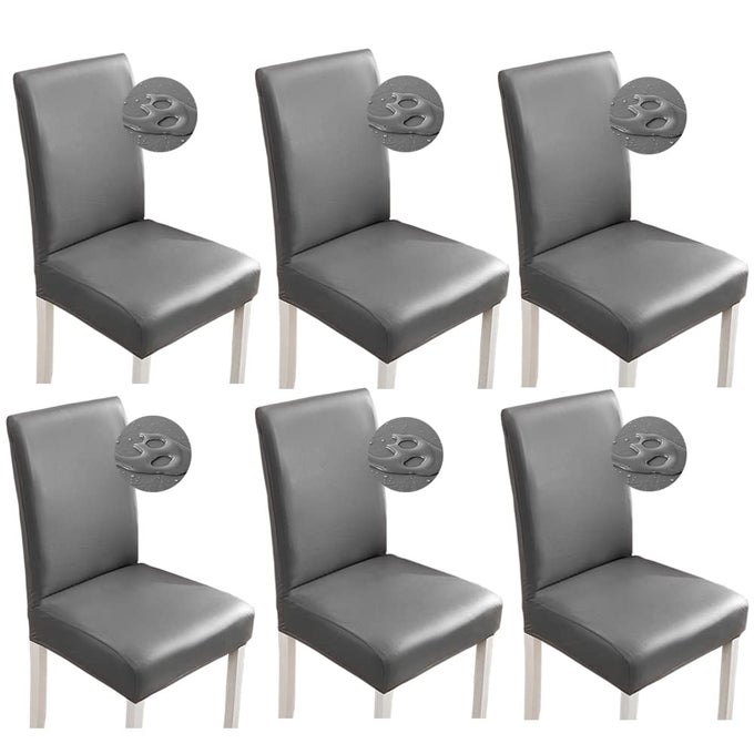 STRETCH DINING CHAIR COVERS WATERPROOF PU LEATHER SLIPCOVERS UNIVERSAL CHAIR PROTECTORS FOR DINING ROOM KITCHEN HOTEL SET OF 6 GRAY