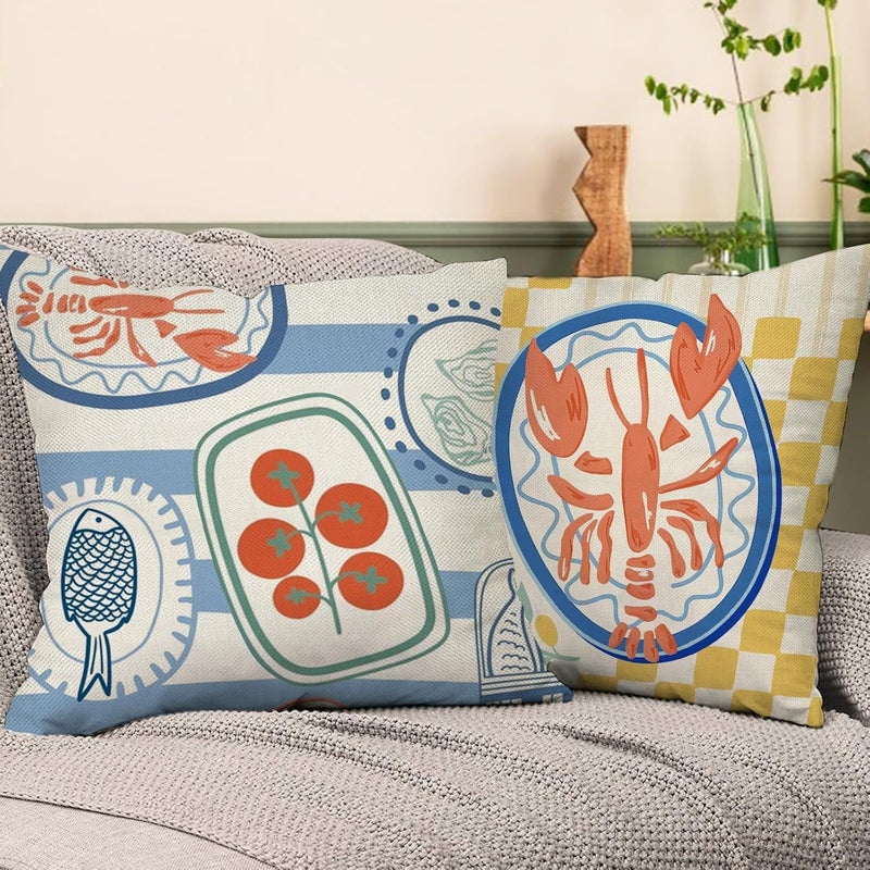 Set Of 4 Seafood Themed Pillowcases 19.69x19.69 Inch With Plaid Retro Base - Image 4