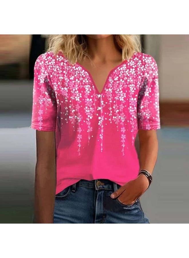 [ ] Independent Station Women's Wear Explosions Pink Gradient Vertical Leaf V-neck Short Sleeve Top