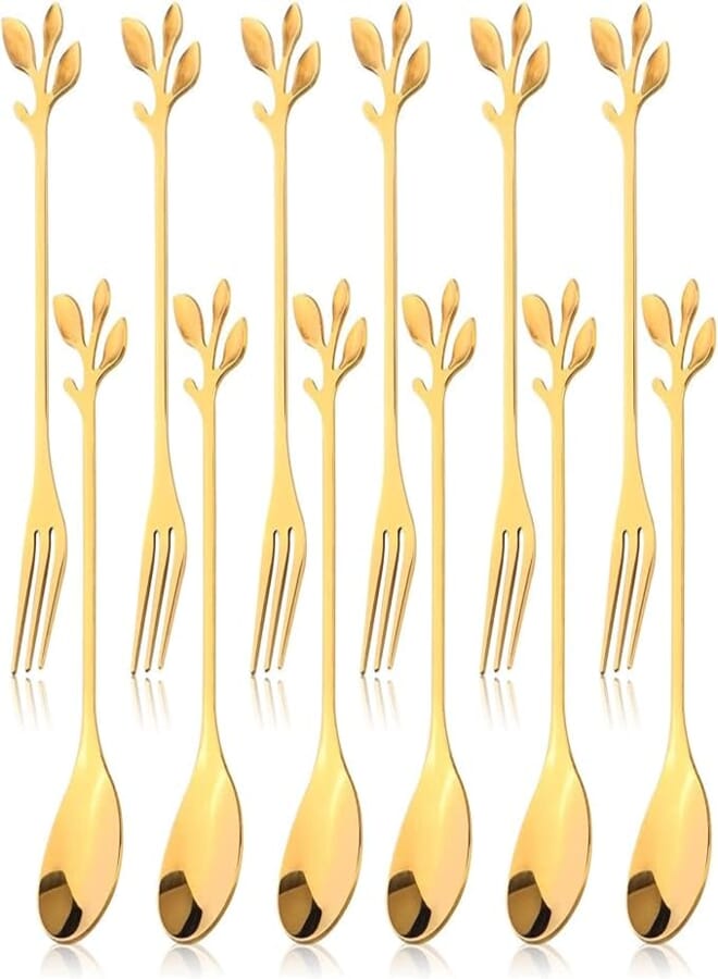 12pcs Stainless Steel Gold Leaf Coffee Spoon and Cake Fruit Forks, Tableware Dessert Demitasse Ice-Cream Tea Spoons and Forks, Cake, Sugar Coffee Mixing Spoon and Fork Set(6 Forks + 6 Spoons)