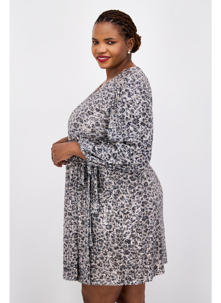 Taylor - Women Plus Size Animal Print Belted Mini Dress, Silver - Image 1
