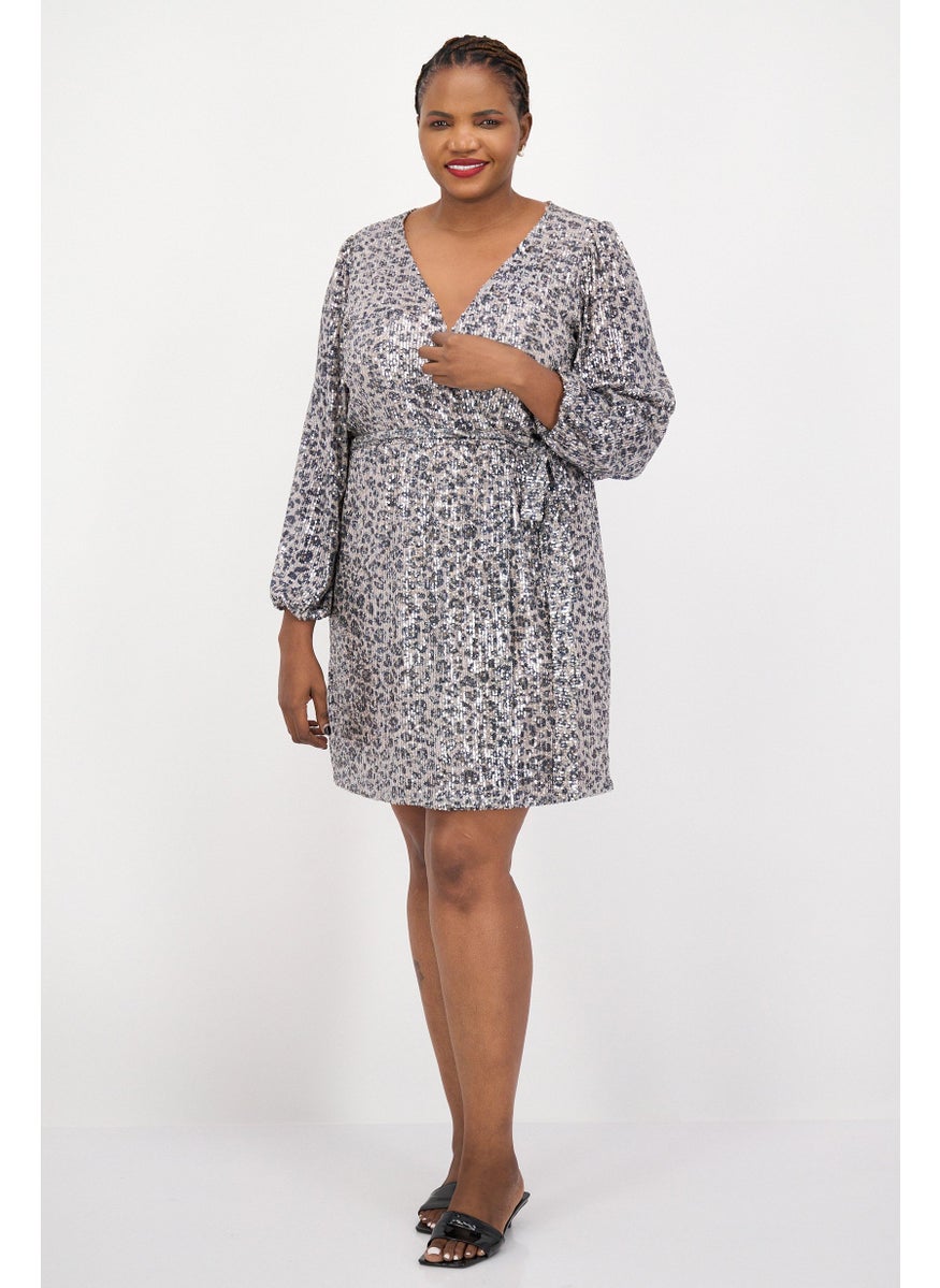 Taylor - Women Plus Size Animal Print Belted Mini Dress, Silver - Image 1