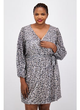 Women Plus Size Animal Print Belted Mini Dress, Silver