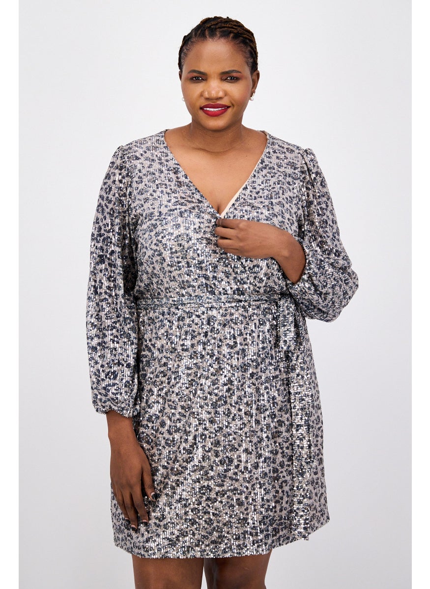 Taylor - Women Plus Size Animal Print Belted Mini Dress, Silver - Image 1