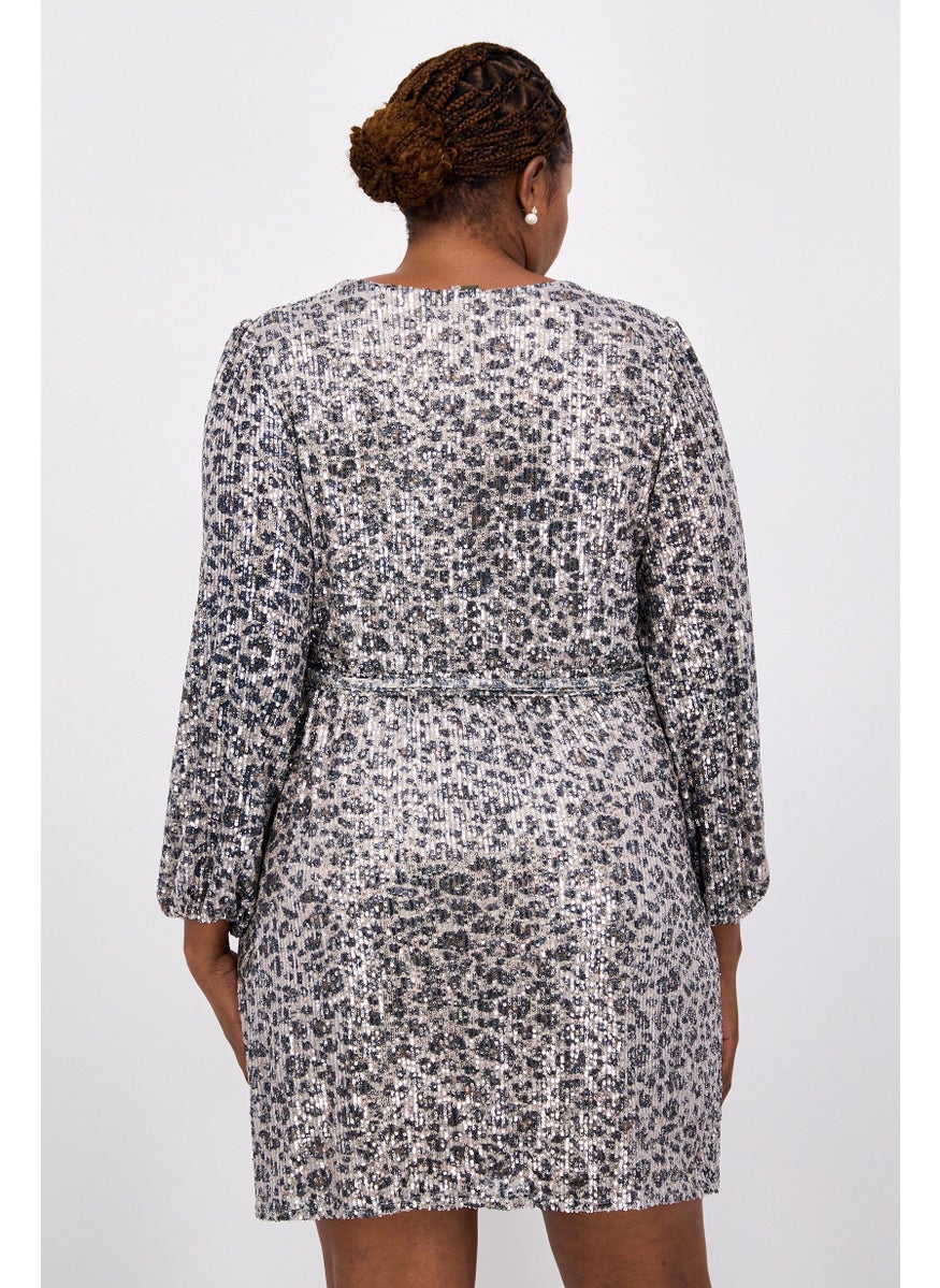 Taylor - Women Plus Size Animal Print Belted Mini Dress, Silver - Image 1