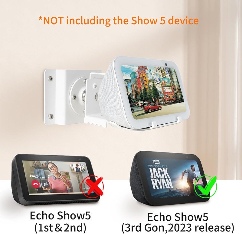 shinar Metal Wall Mount ONLY for Echo Show 5 (3rd Generation) - Swivels up to 360° / Tilts -70° / +70°,Mount Stand Compatible with Show 5 (3rd Gen) with Wiremanagement (White) - Image 3