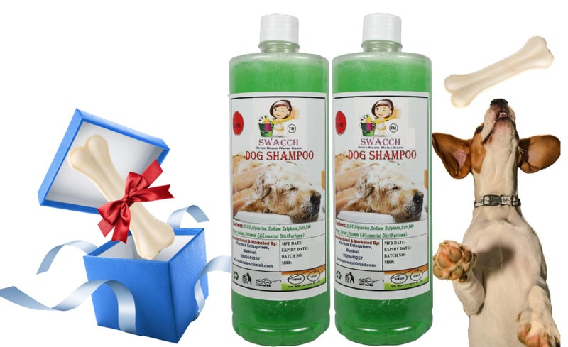 swacch Shampoo | Puppy Safe Shampoo| Dog Shampoo (1 Litre) (Pack of 2) Neem Alovera + Medium White Bone |Dog Chew Bones |Teething chew Toy|Dental Teething |Combo Pack - Image 1