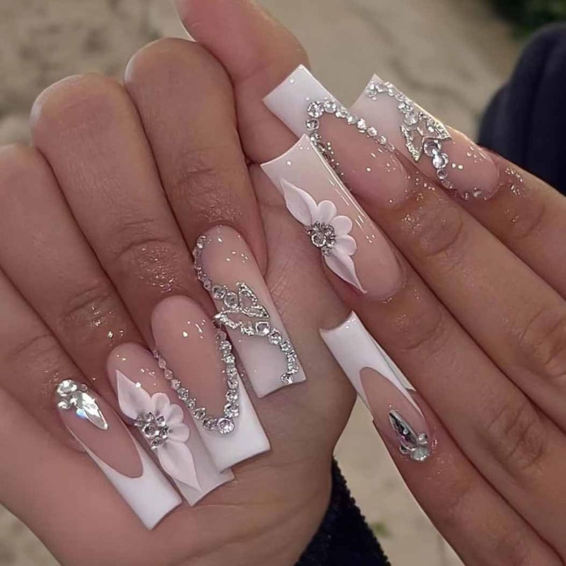 RikView French Tip Nails Square Press on Nails Long Fake Nails with 3D Flowers White Nails Glossy Stick on Nails 24 PCS - Image 1