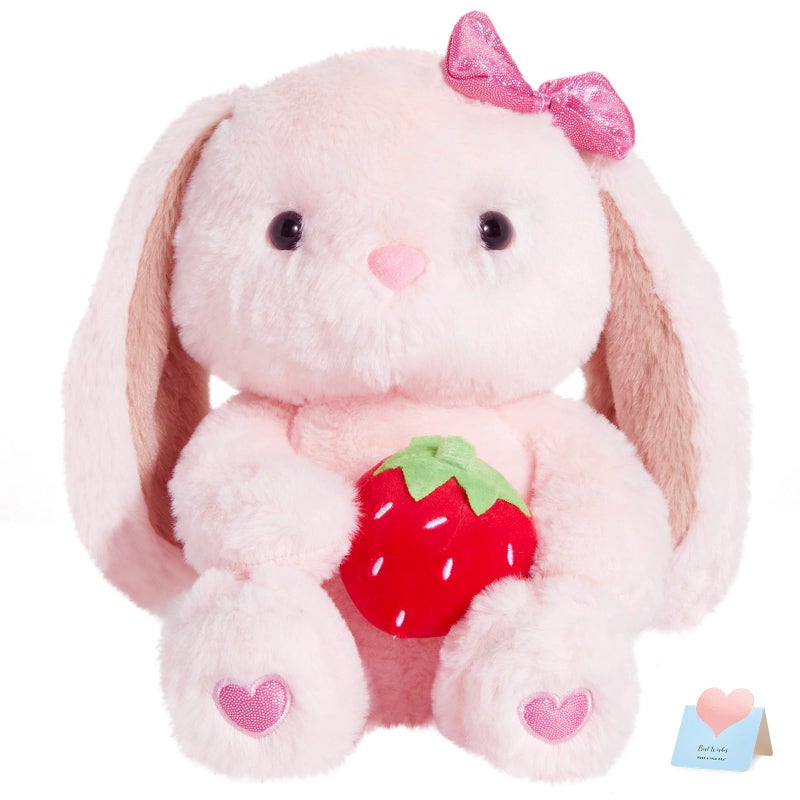 CozyWorld Easter Strawberry Bunny Stuffed Animals Pink Rabbit Plush with Heart Floppy Ear Soft Fluffy Toy Valentineâ€™s Day Easter Gifts for Kids Girls Boys, 10'' - Image 1