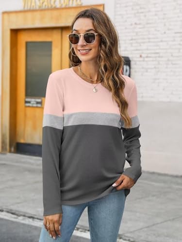 Minetom Women's Color Block Tunic Tops Casual Long Sleeve Shirts Round Neck Pullover - Image 2