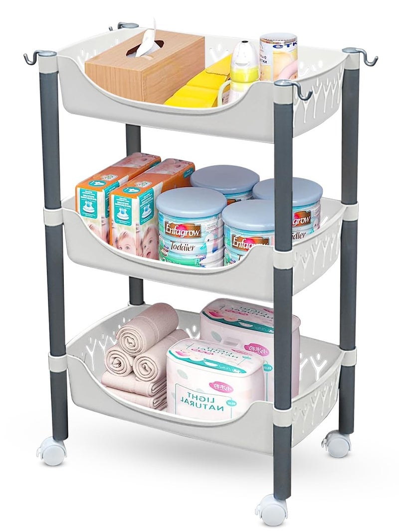 Lukzer 3 Layer Household Storage Vegetable Stand Basket Fruits Rack Potato & Onion Utility Cart with Wheels Rolling Trolley for Kitchen Bathroom Laundry Organizer Shelf 4 Hooks (78 x 30 x 49cm/White) - Image 1