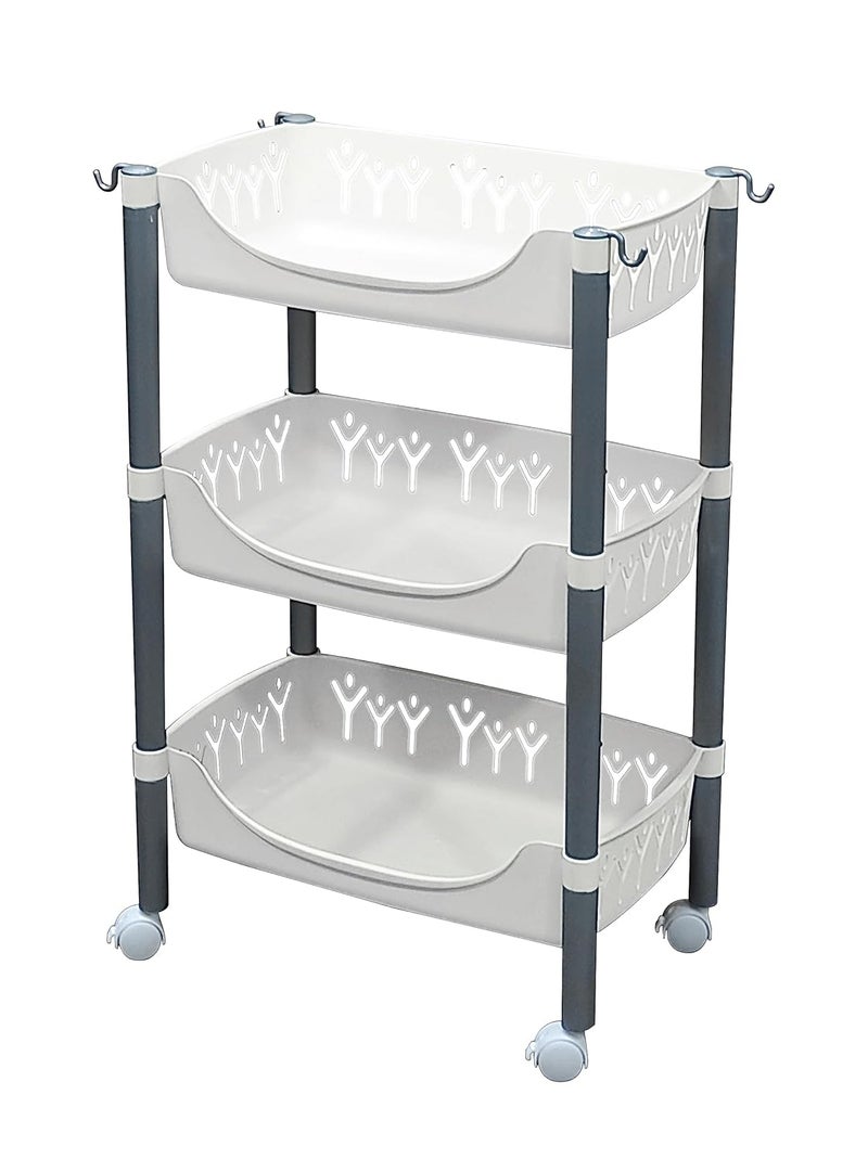 Lukzer 3 Layer Household Storage Vegetable Stand Basket Fruits Rack Potato & Onion Utility Cart with Wheels Rolling Trolley for Kitchen Bathroom Laundry Organizer Shelf 4 Hooks (78 x 30 x 49cm/White) - Image 2