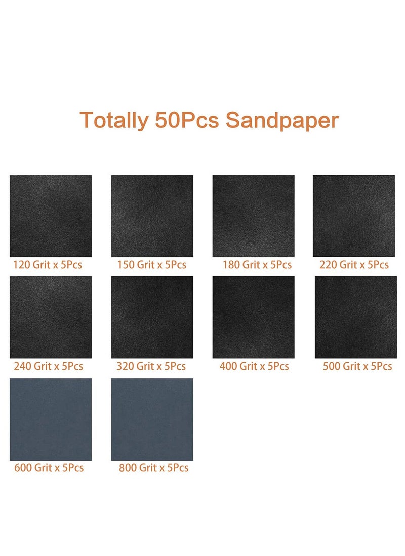 50 Pcs, Wet and Dry Sandpaper with Sanding Block Sander for Wood Furniture Finishing, Metal Sanding and Automotive Polishing 120 to 800 Assorted Grit Sanding Paper