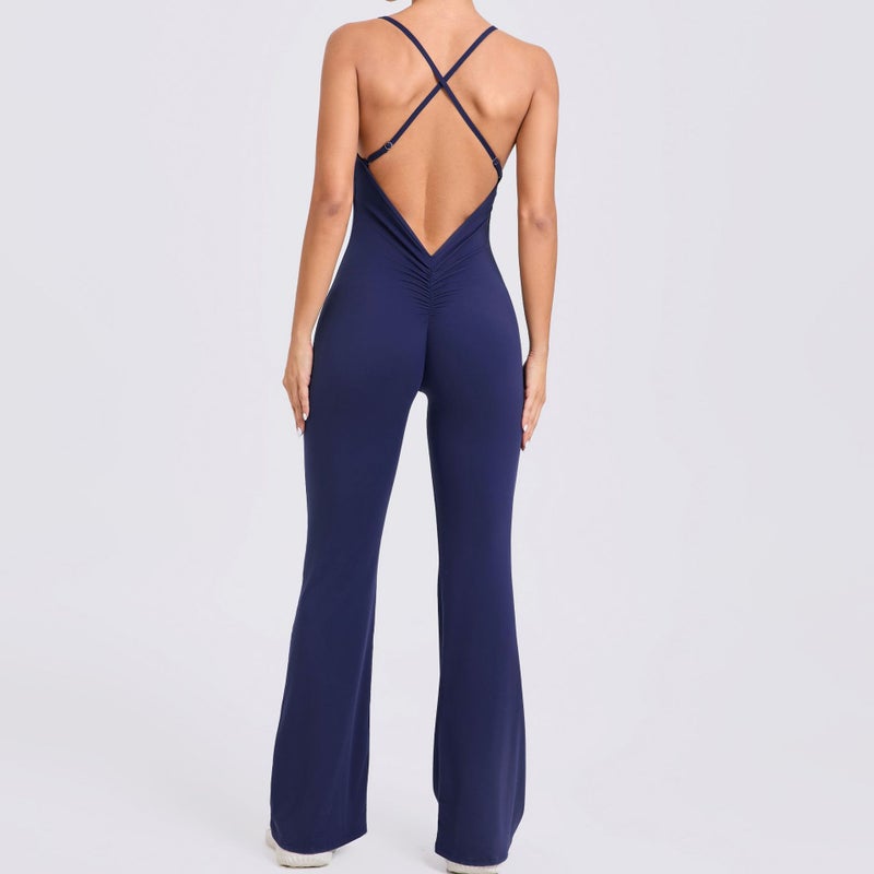 Adjustable Strap Flared Yoga Jumpsuit Fitness Bodysuit Navy blue - Image 1