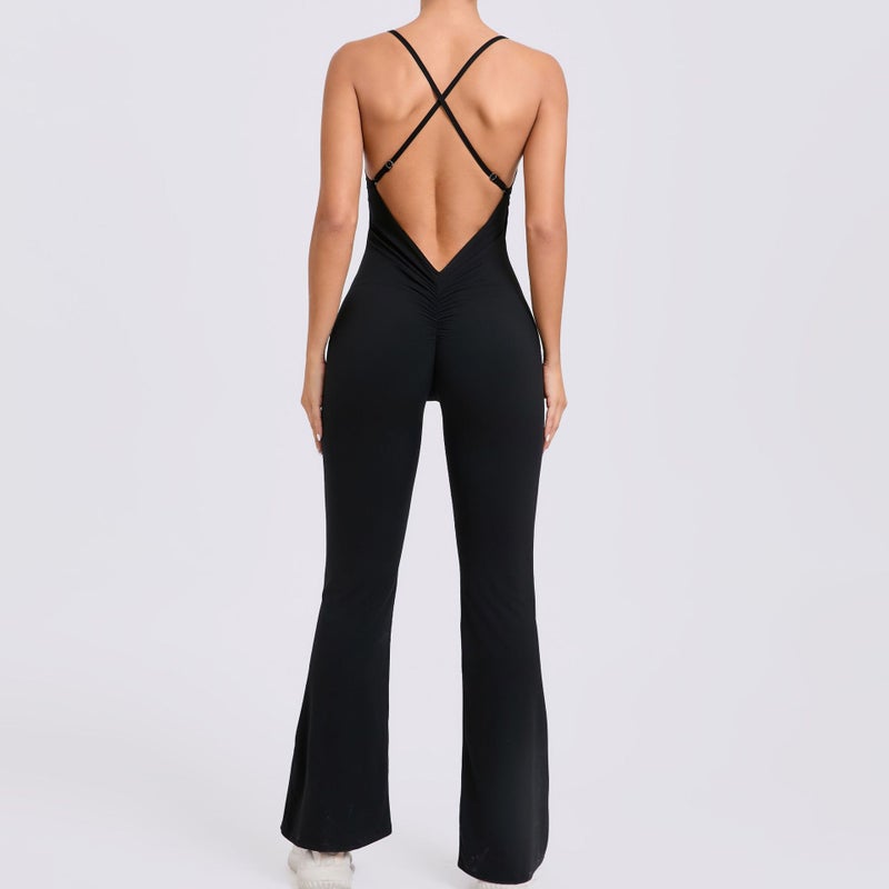 Adjustable Strap Flared Yoga Jumpsuit Fitness Bodysuit Navy blue - Image 5