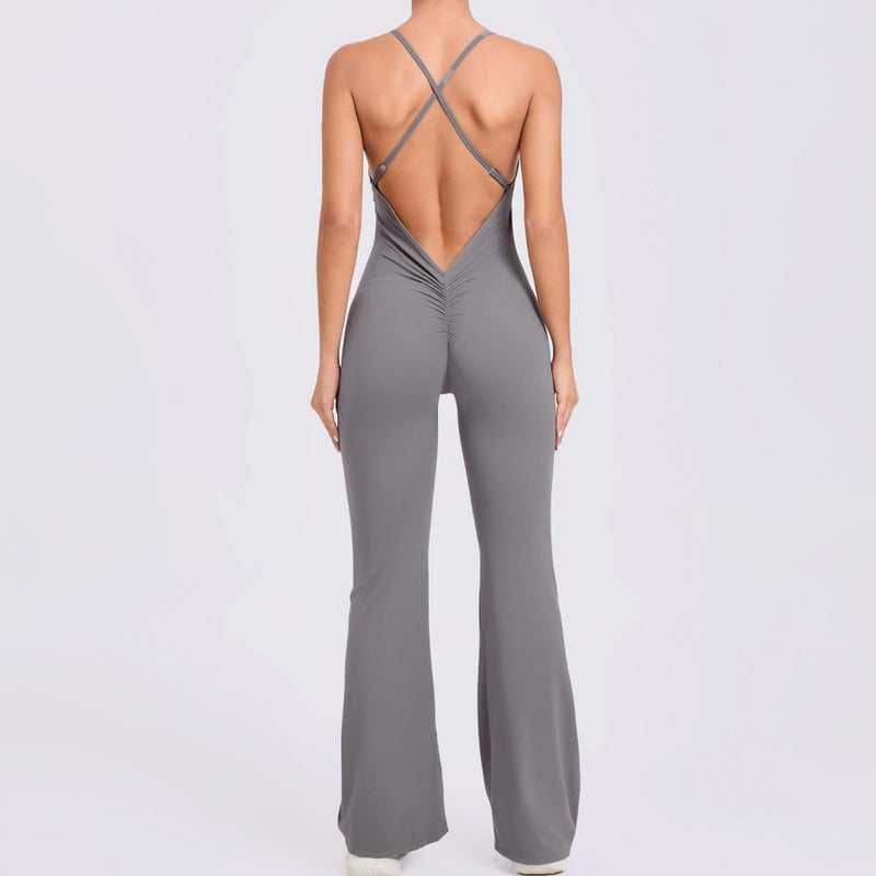 Adjustable Strap Flared Yoga Jumpsuit Fitness Bodysuit Navy blue - Image 3