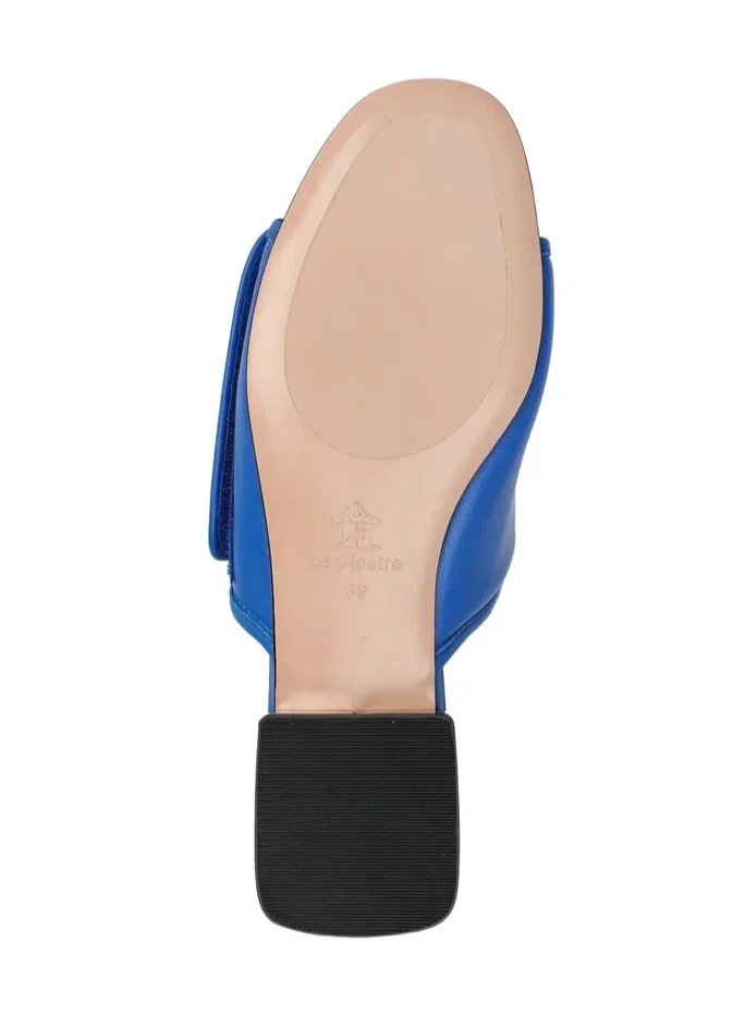 La Giostra Women's Leather Kitten Flip Flop Slides, Metallized Heel, Blue
