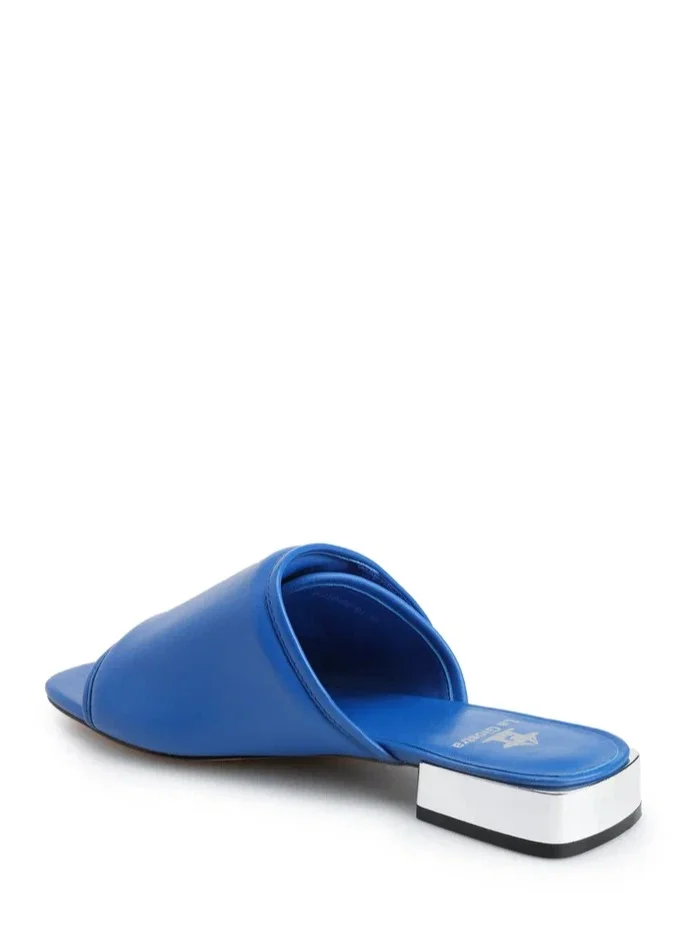 La Giostra Women's Leather Kitten Flip Flop Slides, Metallized Heel, Blue