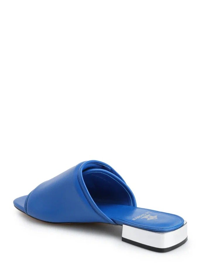La Giostra - Women's Leather Kitten Flip Flop Slides, Metallized Heel, Blue - Image 1