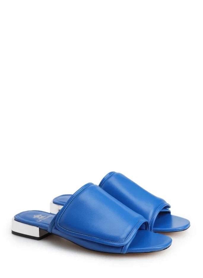 La Giostra - Women's Leather Kitten Flip Flop Slides, Metallized Heel, Blue - Image 1