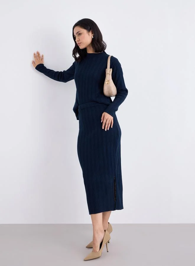 Styli Styli Navy Ribbed Knit Sweater and Midi Skirt Co-Ords