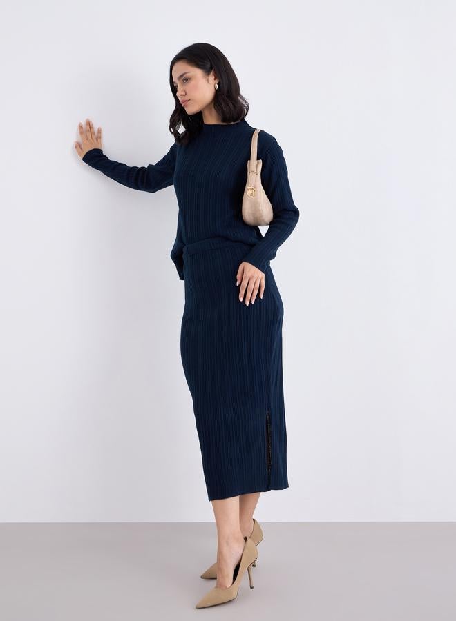 Styli Navy Ribbed Knit Sweater and Midi Skirt Co-Ords - Image 2