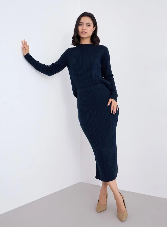 Styli Styli Navy Ribbed Knit Sweater and Midi Skirt Co-Ords