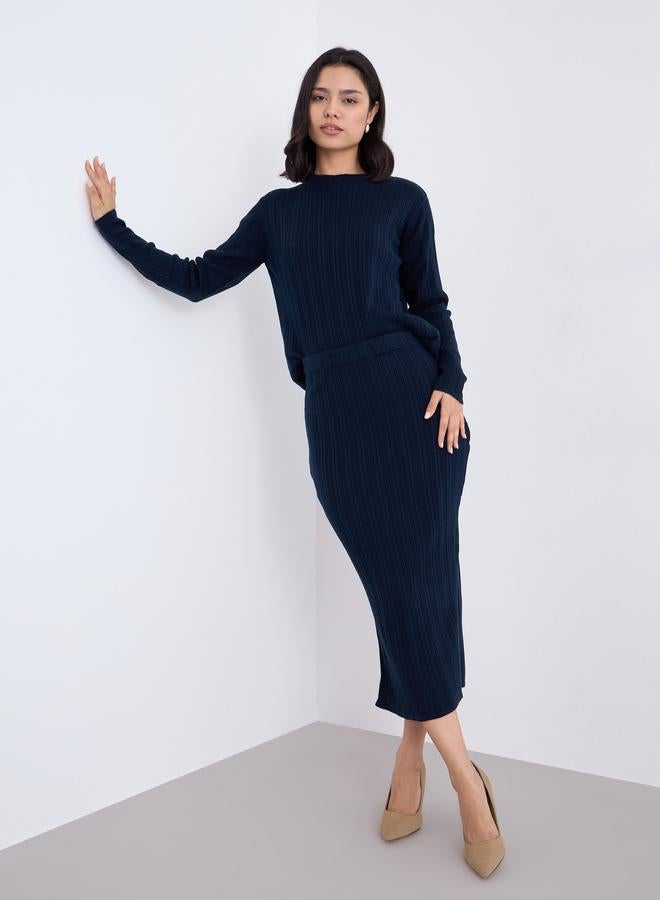 Styli Navy Ribbed Knit Sweater and Midi Skirt Co-Ords - Image 1
