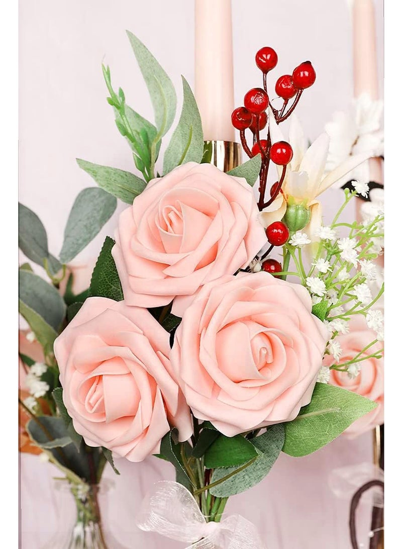 30 قطعة من زهور الورد الصناعية لمسة واقعية مع ساق، ورود من الفوم باللون الزهري الخفيف لتزيين باقات الزفاف، مراكز الطاولات، حفلات العروس، حفلات المنزل، ربيع، وتزيينات عيد الأم - Image 4