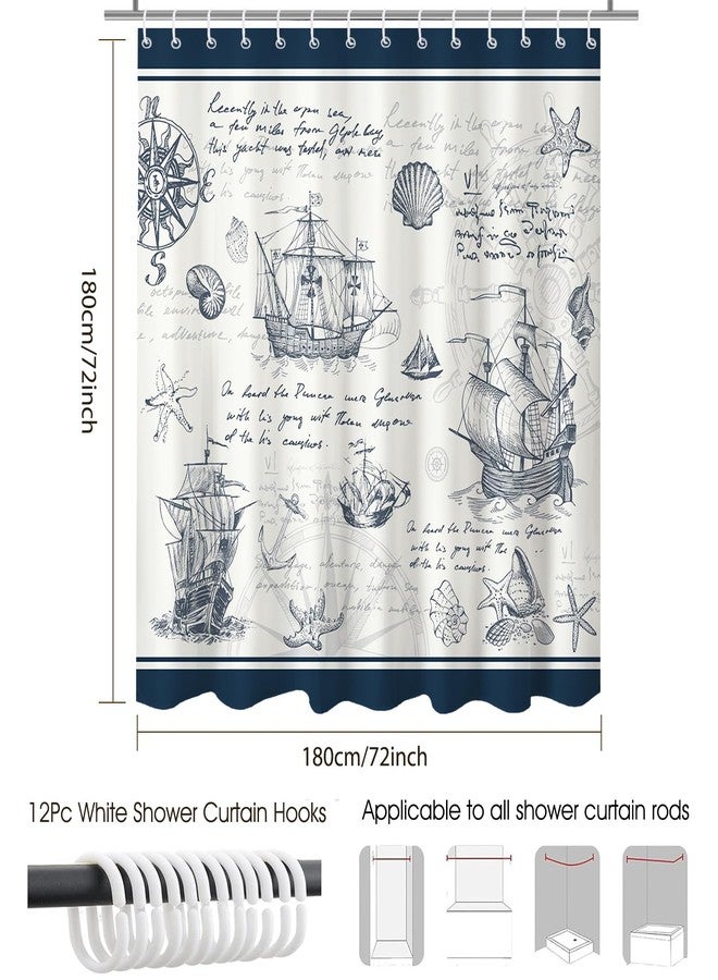 Mocsicka Nautical Shower Curtain, Navy Blue Nautical Map Shower Curtain, Sailboat Conch Ocean Theme Bathroom Decor Bath Curtain, 72 X 72 Inch Waterproof Fabric Bath Curtain - Image 3