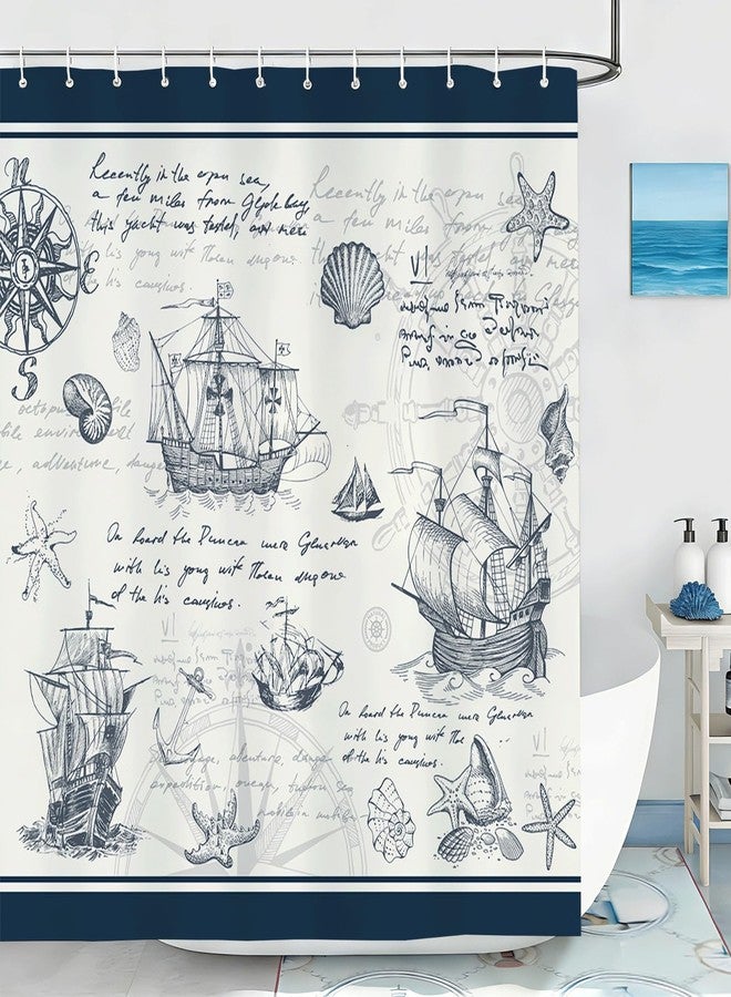 Mocsicka Nautical Shower Curtain, Navy Blue Nautical Map Shower Curtain, Sailboat Conch Ocean Theme Bathroom Decor Bath Curtain, 72 X 72 Inch Waterproof Fabric Bath Curtain - Image 1