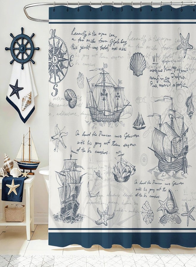 Mocsicka Nautical Shower Curtain, Navy Blue Nautical Map Shower Curtain, Sailboat Conch Ocean Theme Bathroom Decor Bath Curtain, 72 X 72 Inch Waterproof Fabric Bath Curtain - Image 2