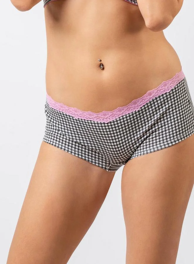 Aadaraya Aadaraya Checked Boyshorts Briefs with Lace Detail
