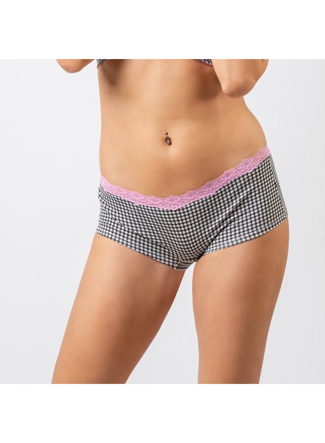 Aadaraya Aadaraya Checked Boyshorts Briefs with Lace Detail  - Image 1