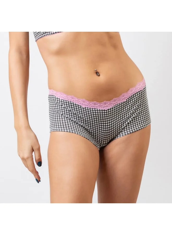 Aadaraya Aadaraya Checked Boyshorts Briefs with Lace Detail