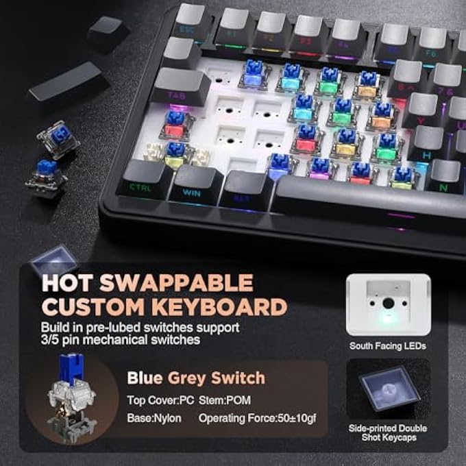 rayihni B75 MECHANICAL KEYBOARD,75% HOT SWAPPABLE KEYBOARD WITH KNOB,RGB BACKLIT GASKET GAMING KEYBOARD WITH DOUBLE-SHOT PBT KEYCAPS,CHERRY PROFILE,WIN/MAC (GRADIENT BLACK, BLUE GREY TACTILE SWITCH) - Image 3