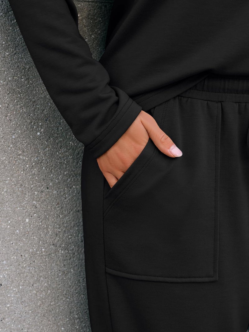LILLUSORY Women's Sweatsuits 2 Piece Outfits Lounge Matching Sweat Sets Casual Sweatshirts and Wide Leg Sweatpants Tracksuit Sets 2026 Black M - Image 5