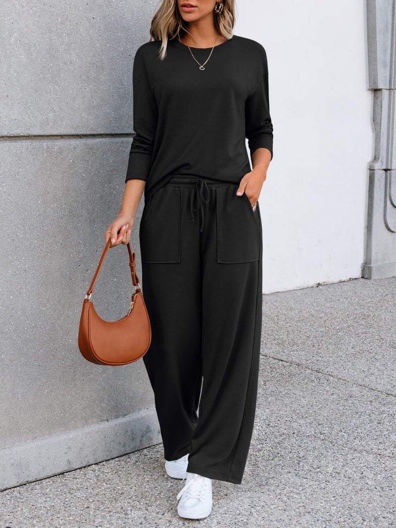LILLUSORY Women's Sweatsuits 2 Piece Outfits Lounge Matching Sweat Sets Casual Sweatshirts and Wide Leg Sweatpants Tracksuit Sets 2026 Black M - Image 2