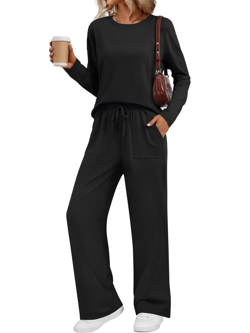 LILLUSORY Women's Sweatsuits 2 Piece Outfits Lounge Matching Sweat Sets Casual Sweatshirts and Wide Leg Sweatpants Tracksuit Sets 2026 Black M - Image 1