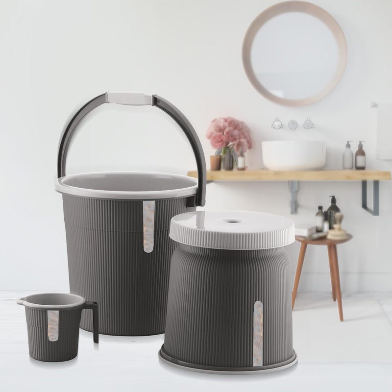 Nabhya Newton Combo of 3 pcs Bathroom Accessories Set Plastic Bathroom Set with 20Ltr Plastic Bucket, Small Mug and Big Stool for Home, Kitchen & Bathroom (Dark_Grey1) - Image 1