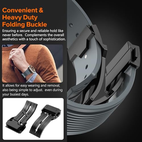 NewWays Watch Band for Apple Watch Ultra 2 Band 49mm 45mm 44mm 42mm, Luxury Rugged Silicone Rubber Strap with Metal Connector & Folding Deployment Clasp for iWatch Ultra Series 9 8 7 6 5 4 3 2 1 SE for Men - Image 2