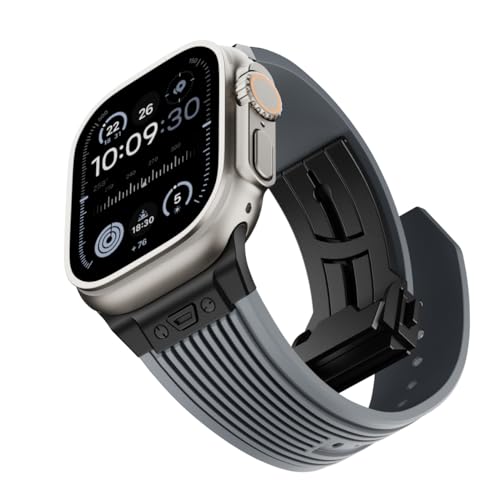 NewWays Watch Band for Apple Watch Ultra 2 Band 49mm 45mm 44mm 42mm, Luxury Rugged Silicone Rubber Strap with Metal Connector & Folding Deployment Clasp for iWatch Ultra Series 9 8 7 6 5 4 3 2 1 SE for Men - Image 1