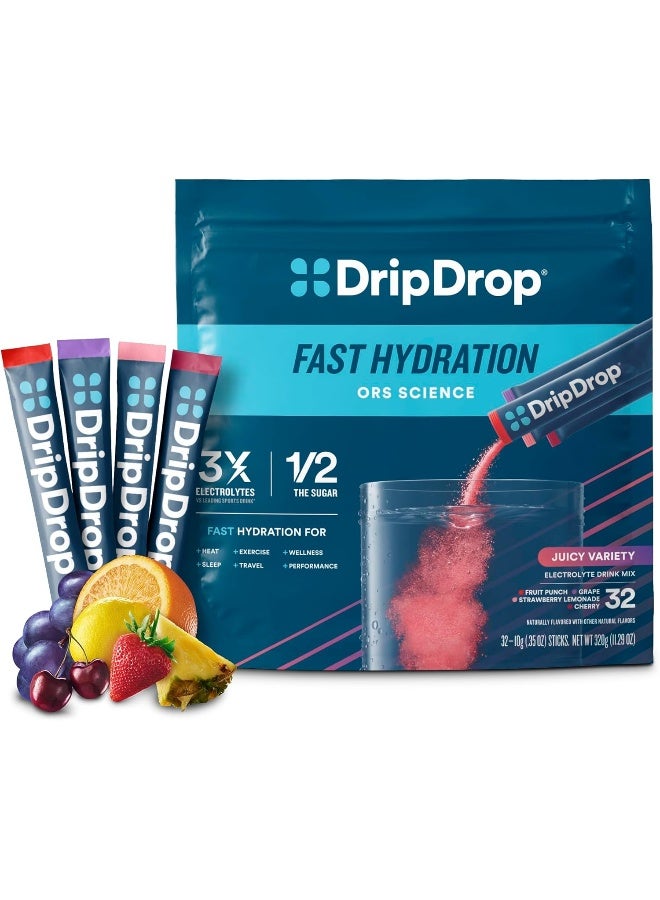 DripDrop Hydration Juicy Variety Pack Electrolyte Drink Mix Single-Serve Powder Packets- Grape, Fruit Punch, Strawberry Lemonade, Cherry - 32 Servings - Image 1
