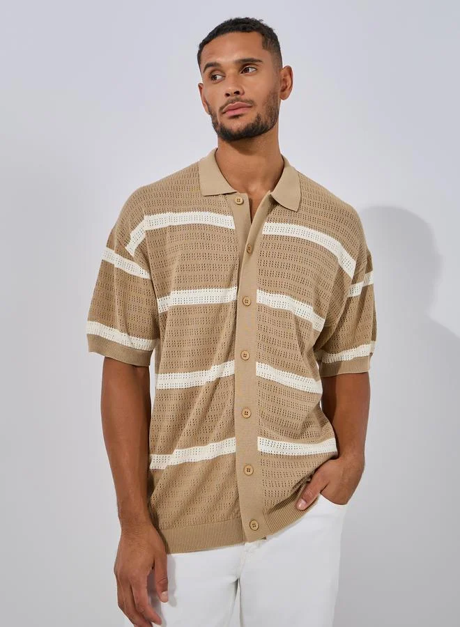 Styli Premium Cotton Striped Knit Oversized Shirt