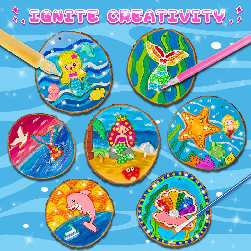 klmars Mermaid Themed Wooden Painting Kit-Glow in The Dark-Arts & Crafts Gifts for Kids Girls Ages 6-12-Wood Slice Craft Activities Kits -Mermaid Art Toys for Kids Christmas Gifts - Image 2